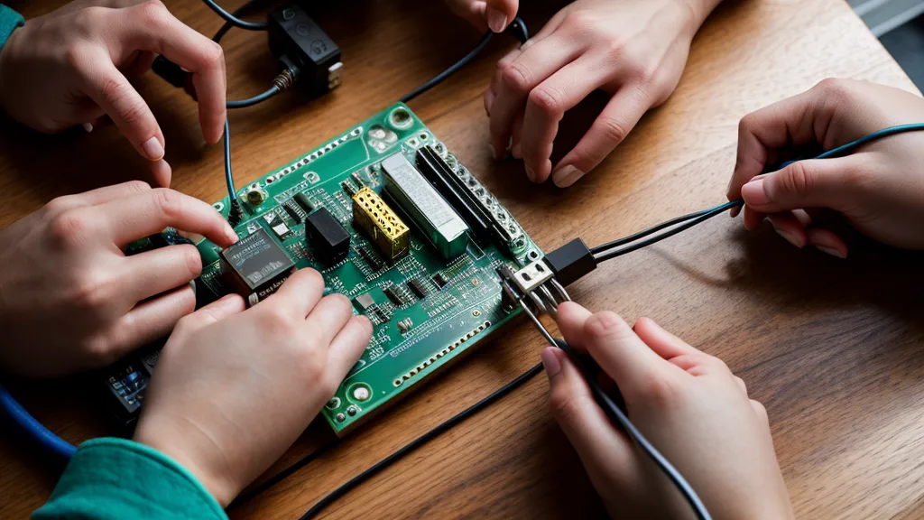 Hands soldering a circuit board for a DIY energy project on a garage workbench.