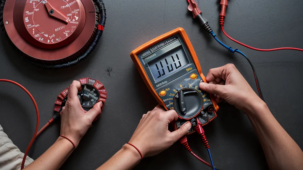 A digital multimeter testing a DIY energy circuit that is powering a small fan.