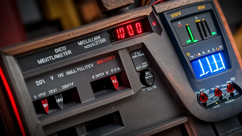Close-up of a multimeter measuring voltage on a DIY resonance circuit.