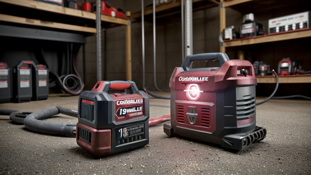 A rack of cordless tool batteries charging via a DIY off-grid power system.