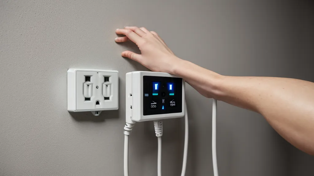 Digital watt meter plugged into a wall outlet, used for energy monitoring during a home office power audit