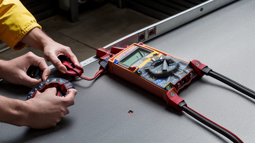 Testing solar panel frame grounding with a digital multimeter in a workshop.