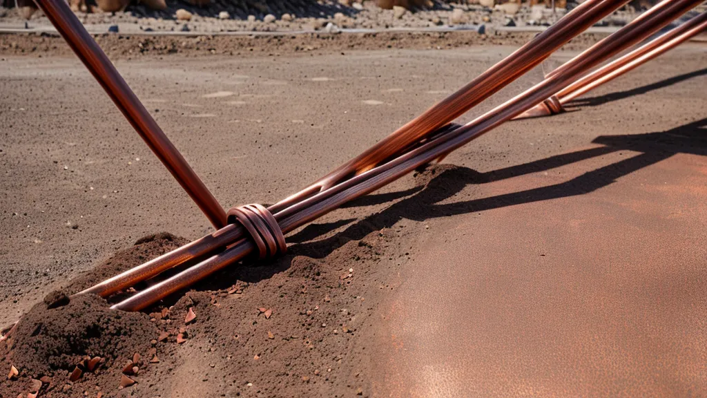 A copper grounding rod being driven into hard desert soil for a solar setup.