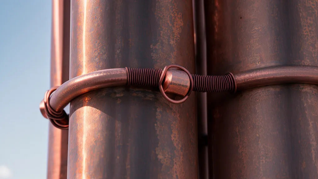 Close-up of 6 AWG copper grounding wire connected to a solar panel rack.