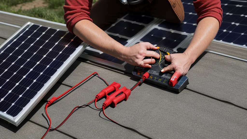 Close-up of a multimeter testing solar panel voltage on a workbench.