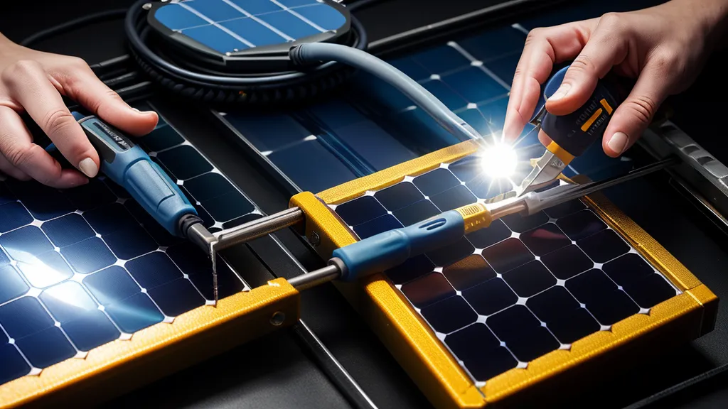 Close-up of soldering tabbing wire to a blue monocrystalline solar cell
