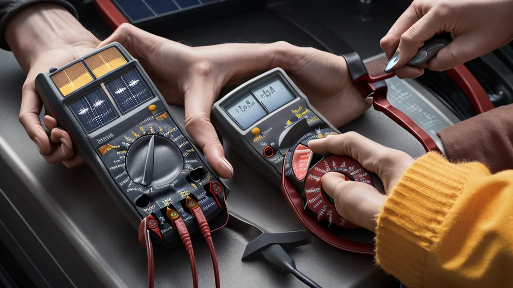 Digital multimeter measuring voltage at a solar charge controller terminal.