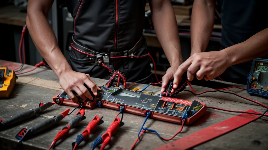 Multimeter and copper coils on a workbench for energy testing.