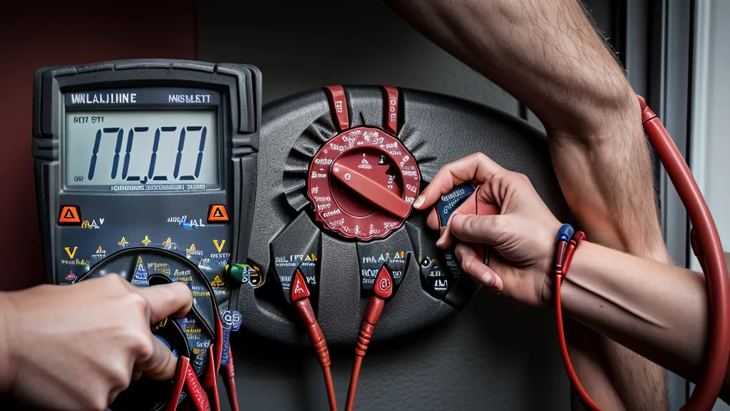 Close-up of a multimeter and solar wiring on a garage workbench.