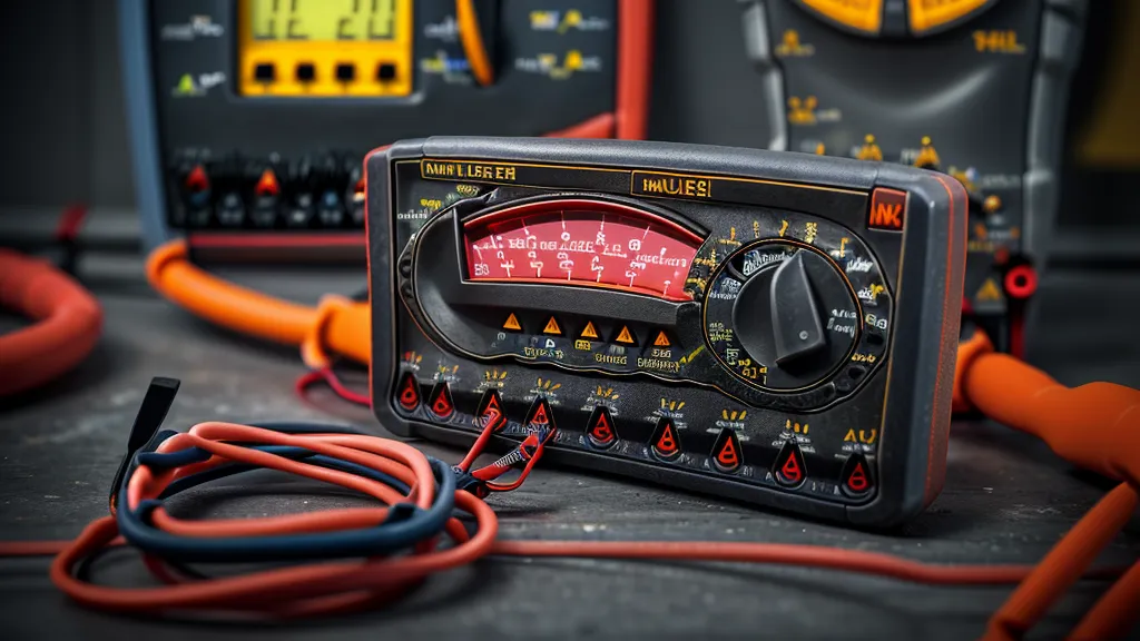 Close-up of a multimeter measuring residential voltage on a cluttered workbench.