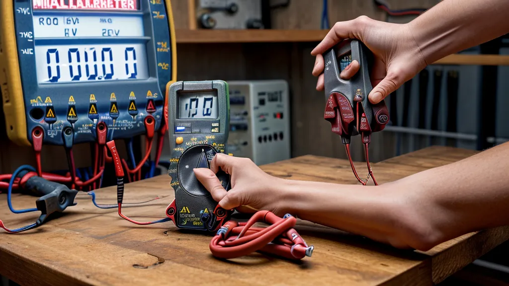 Digital multimeter clipped to a copper resonance coil while bench-testing the Tesla-inspired Power Grid Generator