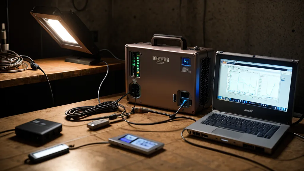 Portable power station display screen showing energy flow and battery percentage.
