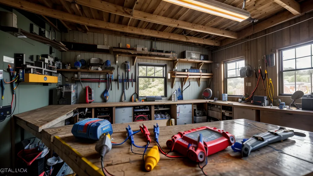 Digital multimeter measuring AC line voltage on a workshop bench