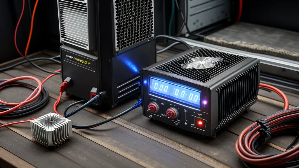 Inverter heatsink with cooling fans set up in hot garage workshop