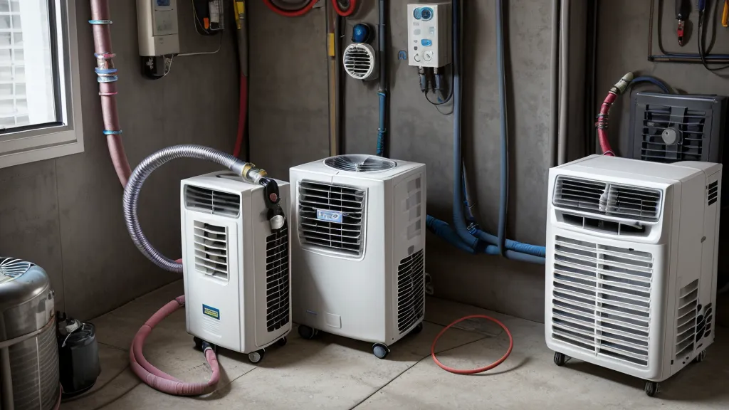 Portable air conditioning unit with exhaust duct installed in garage space