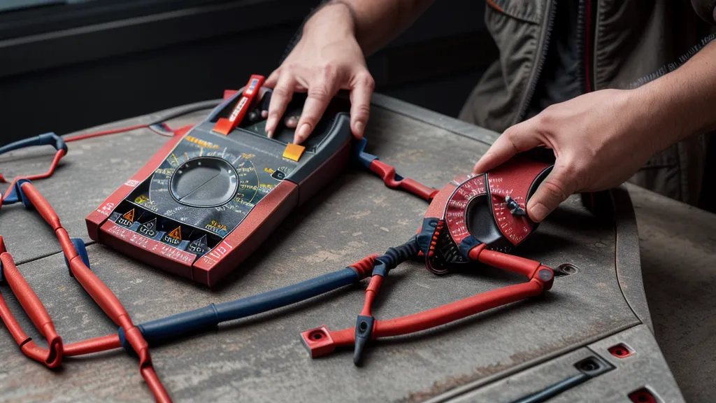 Close-up of a multimeter measuring voltage on a thick solar wire