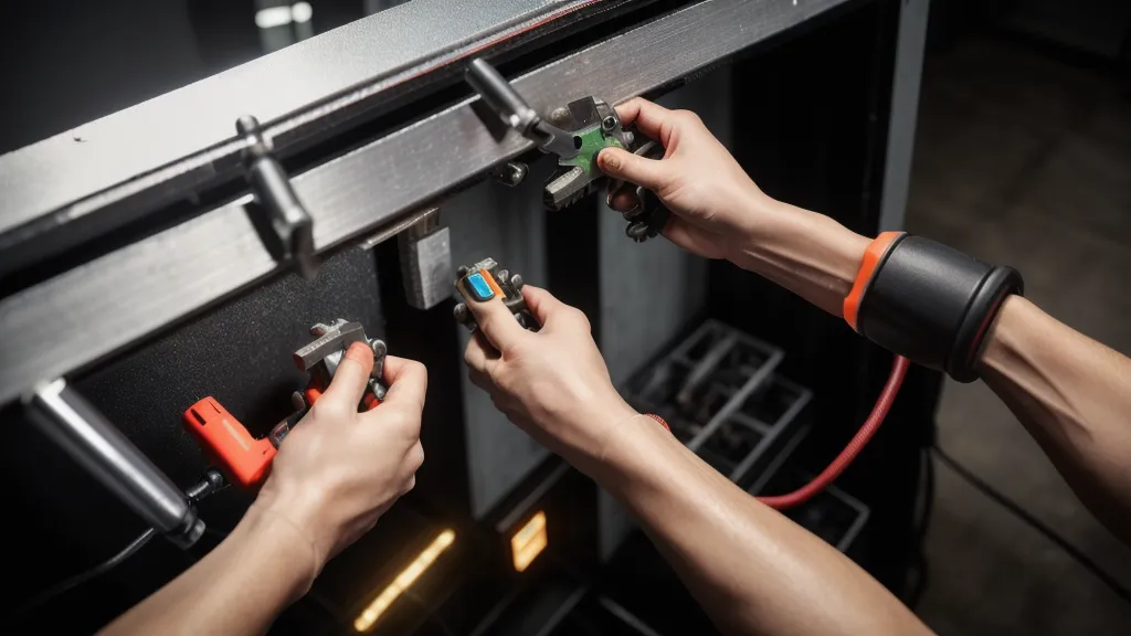 Hand holding MC4 connectors and a solar crimping tool over a workbench