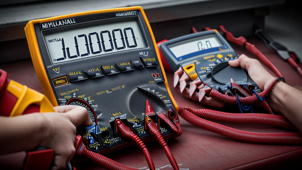 Multimeter testing DC voltage during solar inverter troubleshooting in a hot off-grid power system